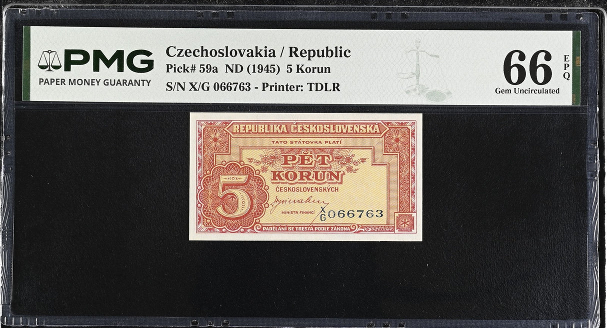 Czechoslovakia 5 Korun ND 1945 P 59 a Gem UNC PMG 66 EPQ