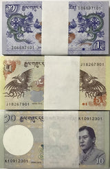 Bhutan Set 3 x 100 UNC 1 5 10 Ngultrum 2015-2019 p 27 28 29 = Lot 3 Bundles