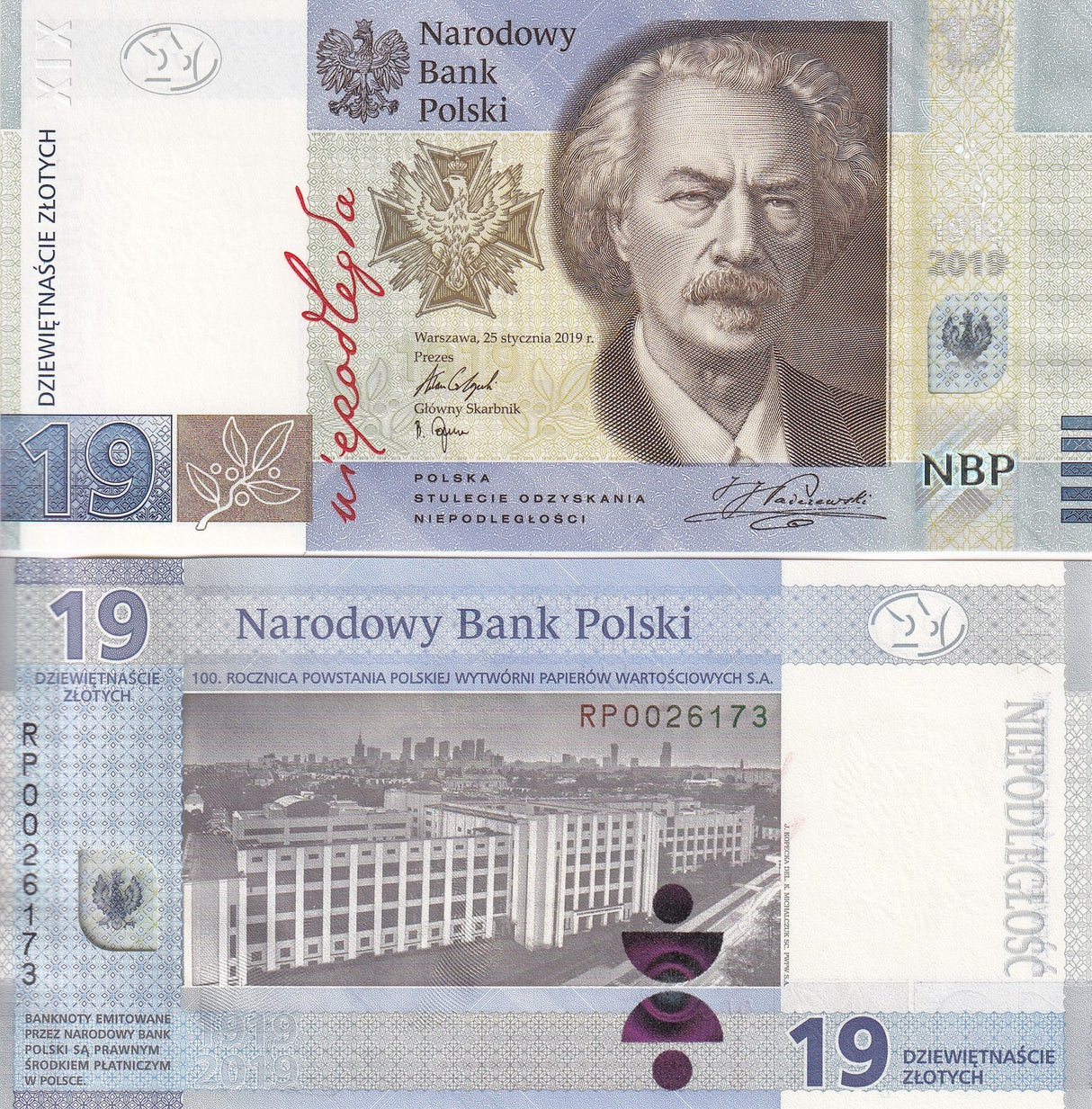 Poland 19 Zlotych 2019 100th Commemorative P 193 UNC With Folder