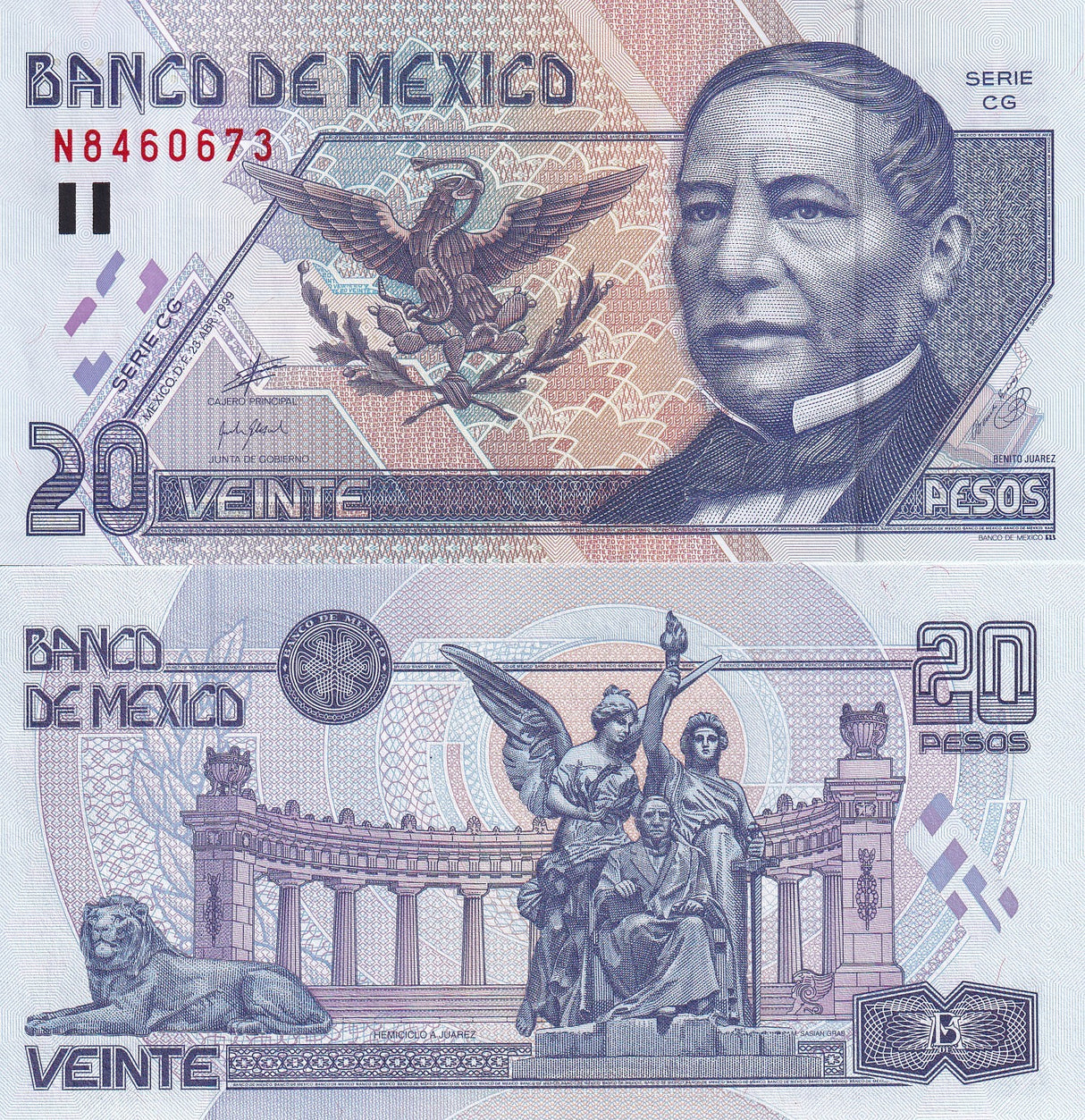 Mexico 20 Pesos 1999 Series CG P 106 d UNC