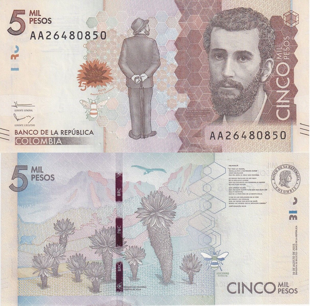 Colombia 5000 Pesos 2015 P 459 AA Prefix UNC
