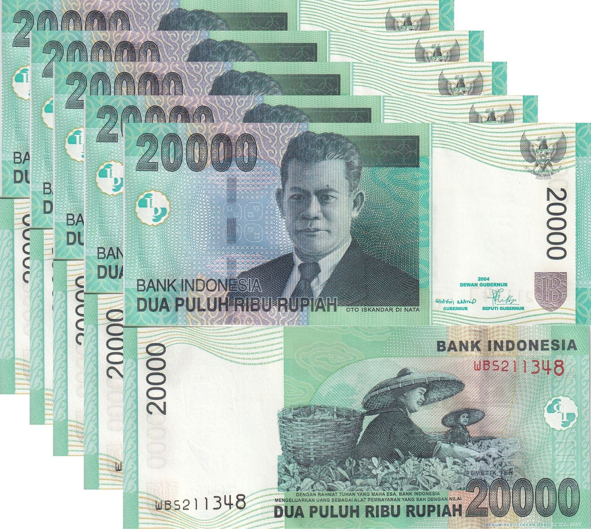 Indonesia 20000 Rupiah 2004/2007 P 144 d UNC LOT 5 PCS