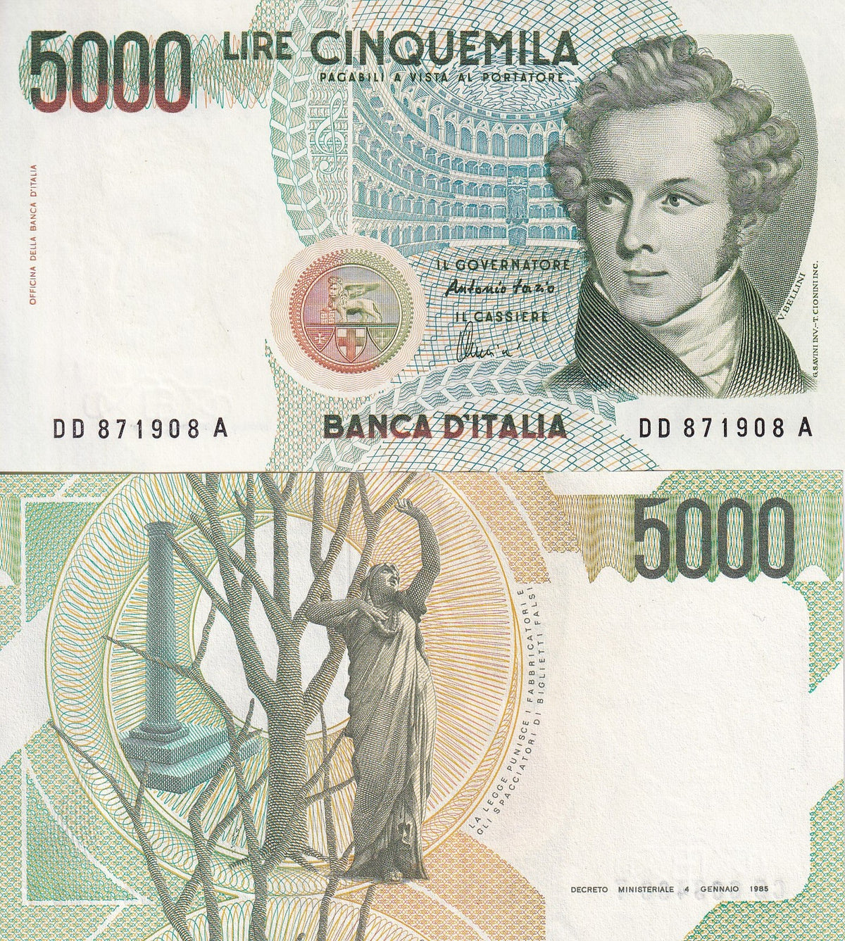 Italy 5000 Lire 1985 P 111 c UNC , Vincenzo Bellini Allegory of Lyrics
