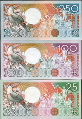 Suriname Set 3 Pcs 25 100 250 Gulden 1986 1988 P 132 133 134 UNC