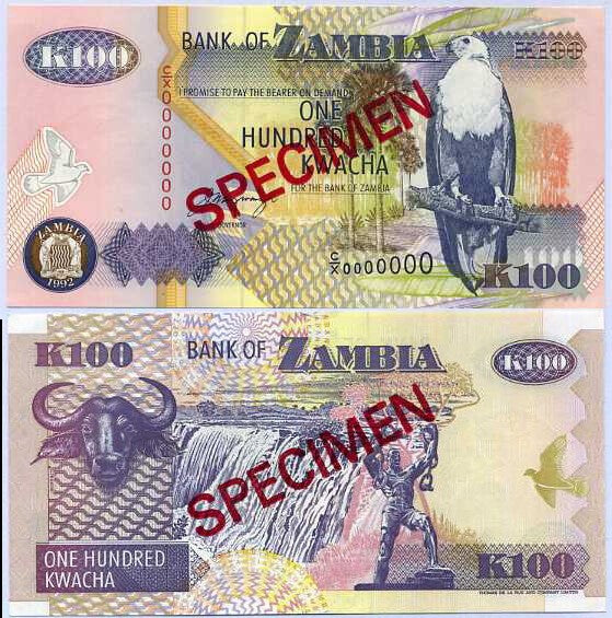 Zambia 100 Kwacha 1992 P 38 S Specimen UNC Cape buffalo,Victoria Falls ,Specimen