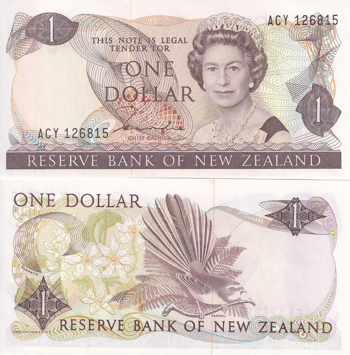 New Zealand 1 Dollar ND (1981-1992) P 169a UNC, Queen Elizabeth II, Fantail