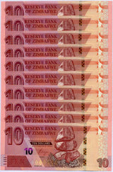 Zimbabwe 10 Dollars 2020 P 103 UNC LOT 10 PCS