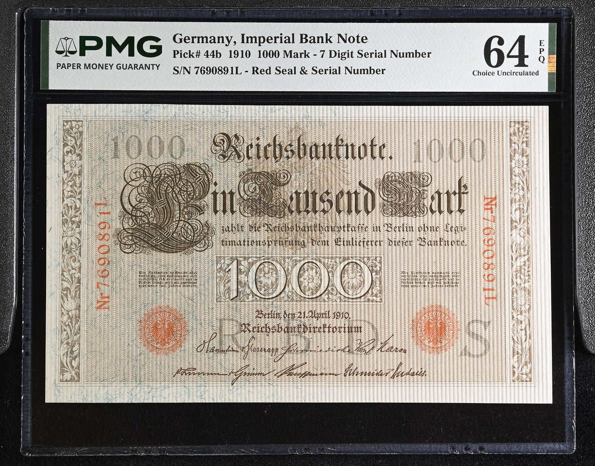 Germany 1000 Mark 1910 P 44 b Choice UNC PMG 64 EPQ , Red Seal, Red serial