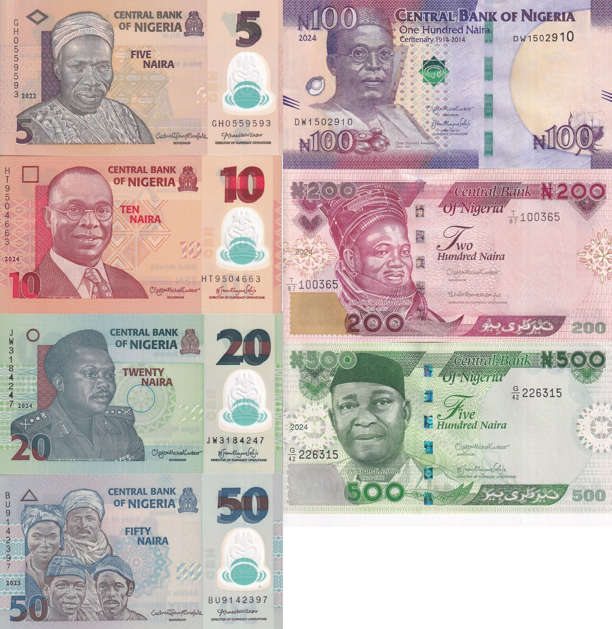 Nigeria Set 7 Pcs 5 10 20 50 100 200 500 Naira Mixed Year P 34 38 39 - 48 UNC
