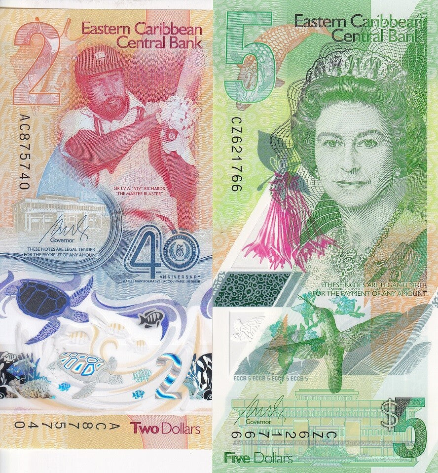 East Caribbean Set 2 PCS 2 5 Dollars 2021-2023 2024 P 55Aa P 61 COMM. Polyme UNC