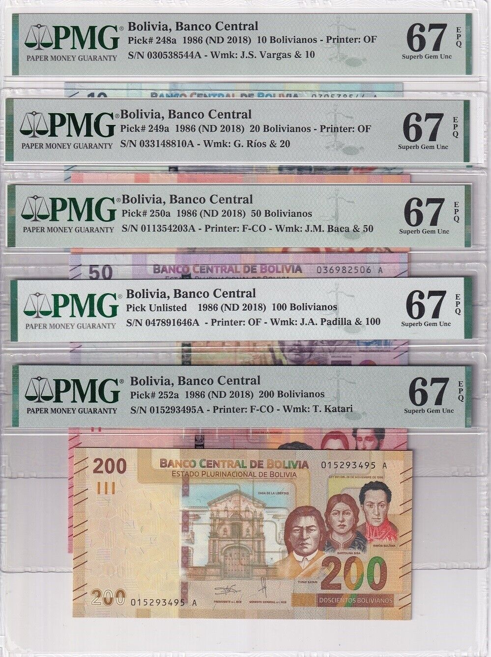 Bolivia Set 5; 10-200 Bolivianos ND 2018 P 250-P 252 Superb Gem UNC PMG 67 EPQ