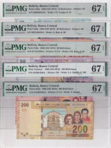 Bolivia Set 5; 10-200 Bolivianos ND 2018 P 250-P 252 Superb Gem UNC PMG 67 EPQ