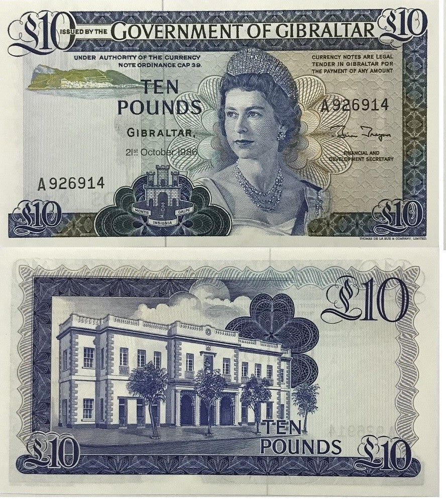 Gibraltar 10 Pounds 1986 P 22 b QEII TDLR, Governor's house UNC