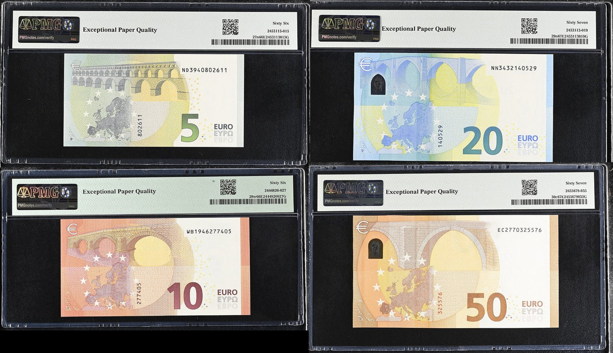 Euro Set 4; 5 10 20 50 Euro 2013-2017 P 27 28 29 30 Superb Gem UNC PMG 66 67 EPQ