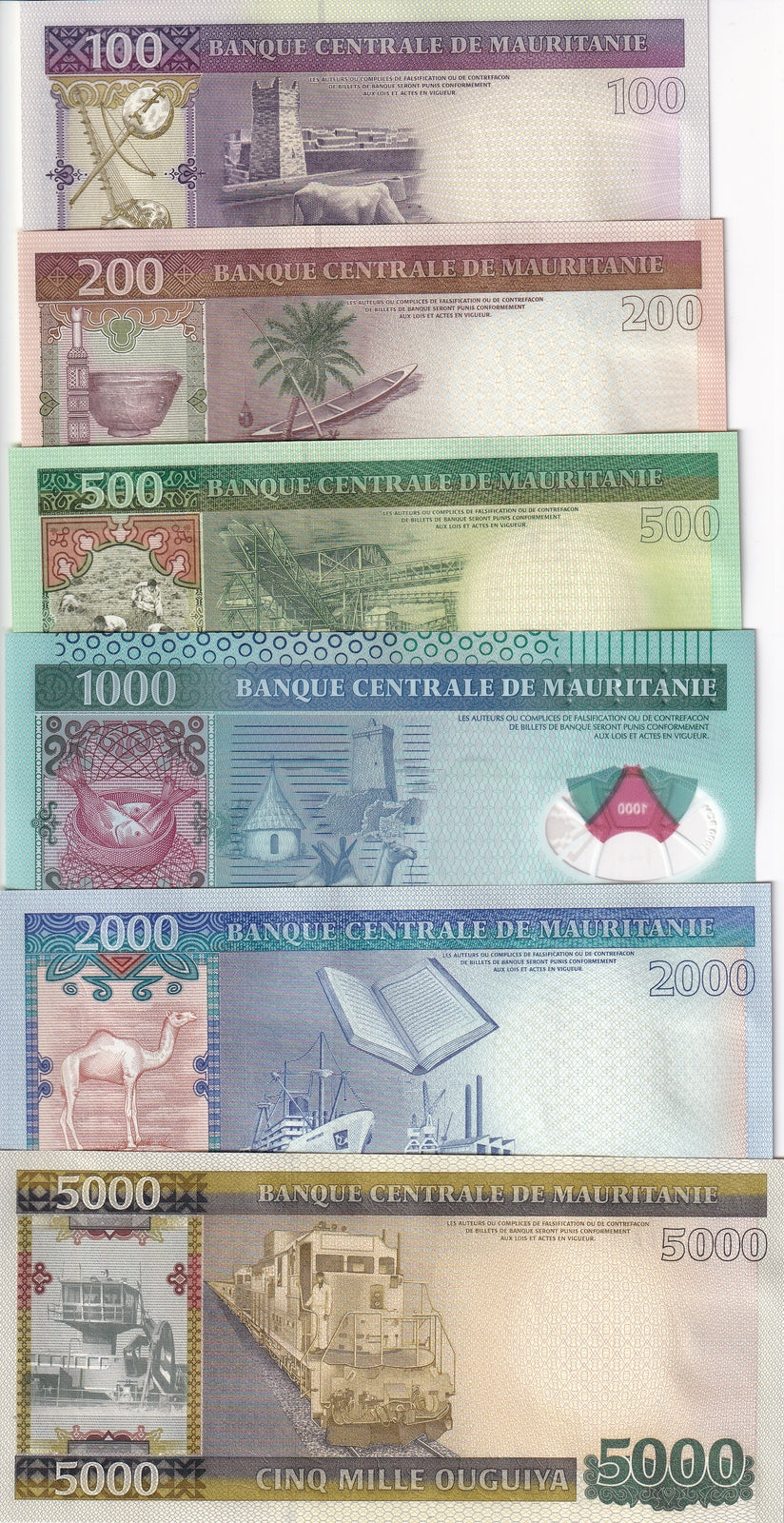 Mauritania Set 6 UNC 100 200 500 1000 2000 5000 Ouguiya 2011-2015 P 16-19 21