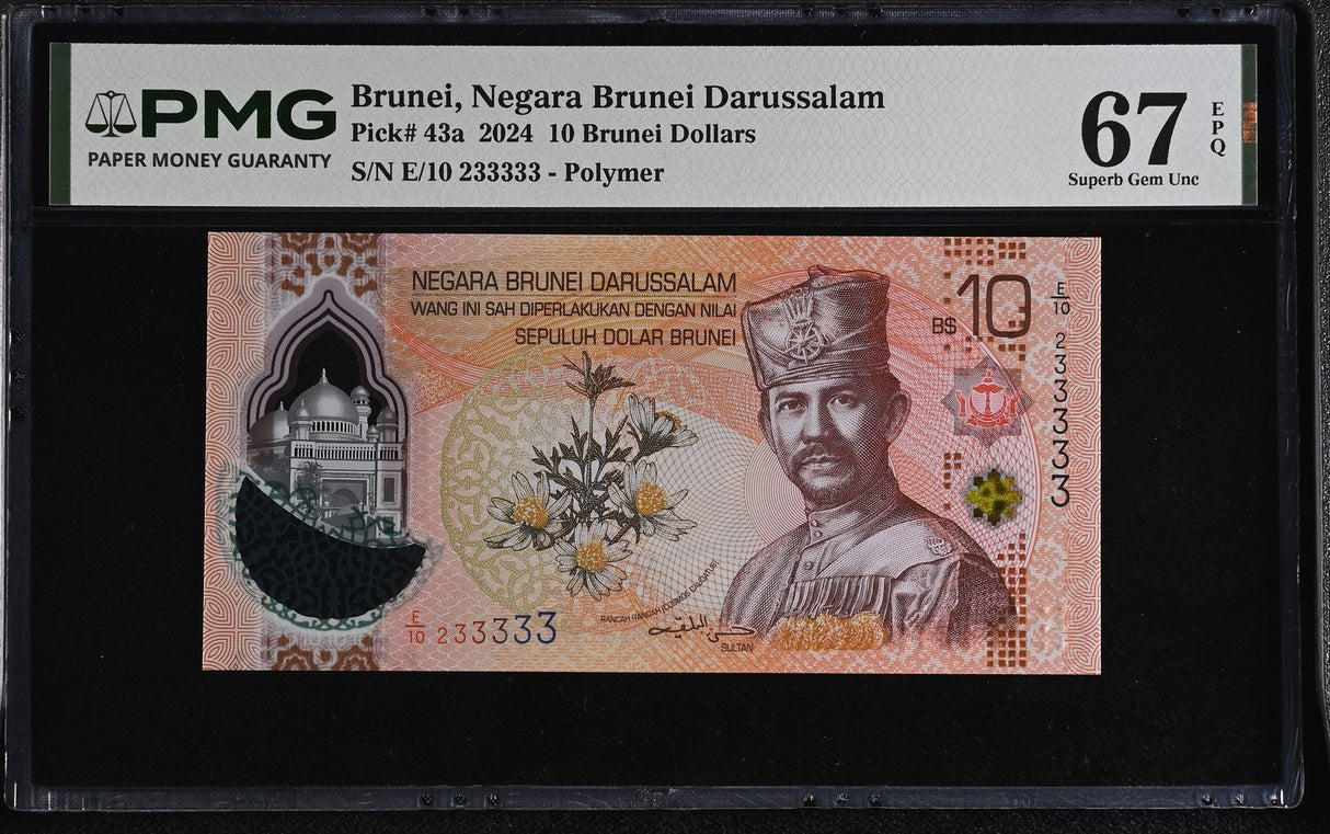 Brunei 10 Brunei Dollars 2024 P 43 a Superb Gem UNC PMG 67 EPQ Near Solid 233333