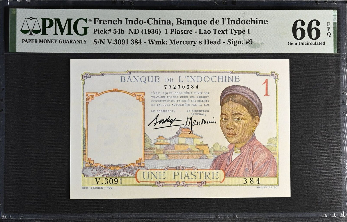 French Indochina 1 Piastre ND 1936 P 54 b Gem UNC PMG 66 EPQ