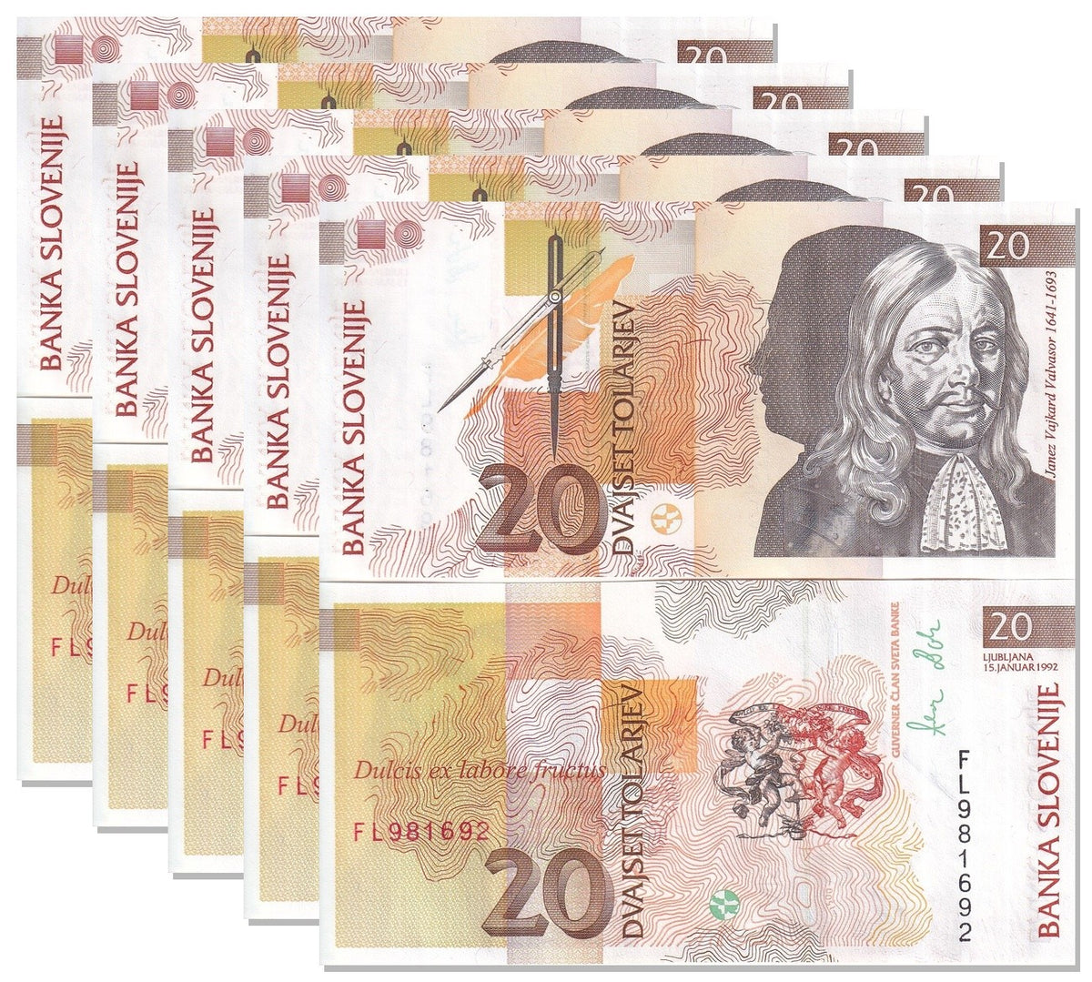 Slovenia 20 Tolajev 1992 P 12 UNC LOT 5 PCS , Janez Vajkard Valvasor