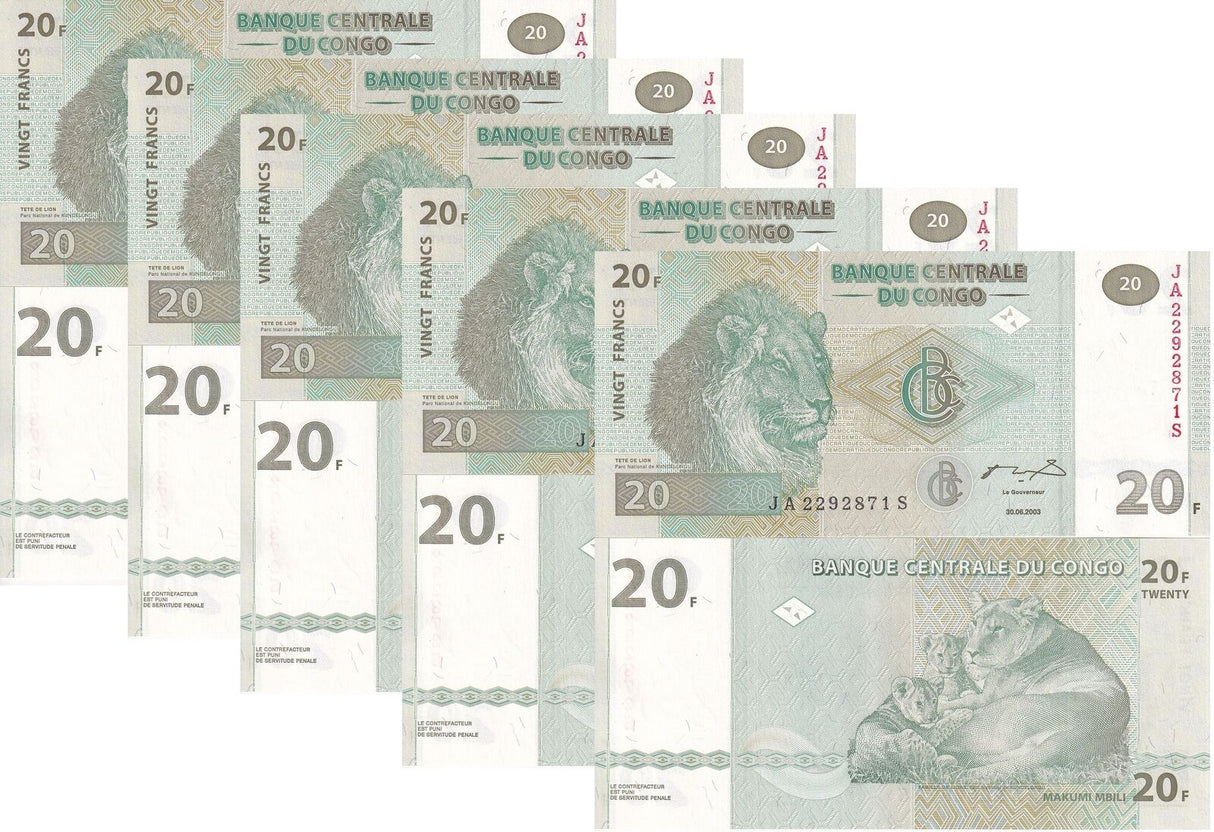 Congo 20 Francs 2003 P 94 UNC LOT 5 PCS