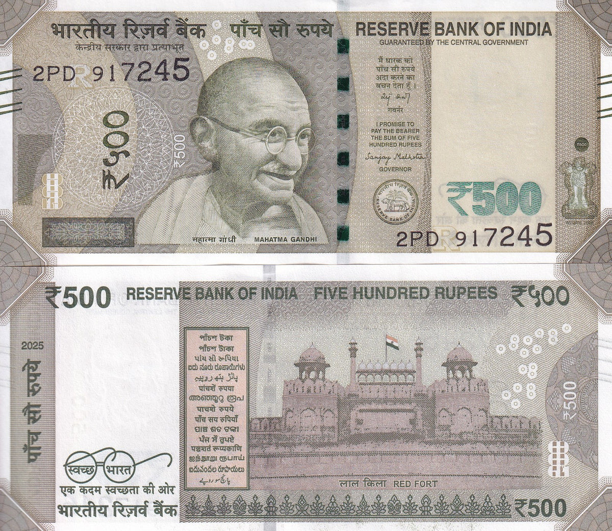 India 500 Rupees 2025 P 114 UNC , Mohendas Karamchand ,Red Fort, Delhi