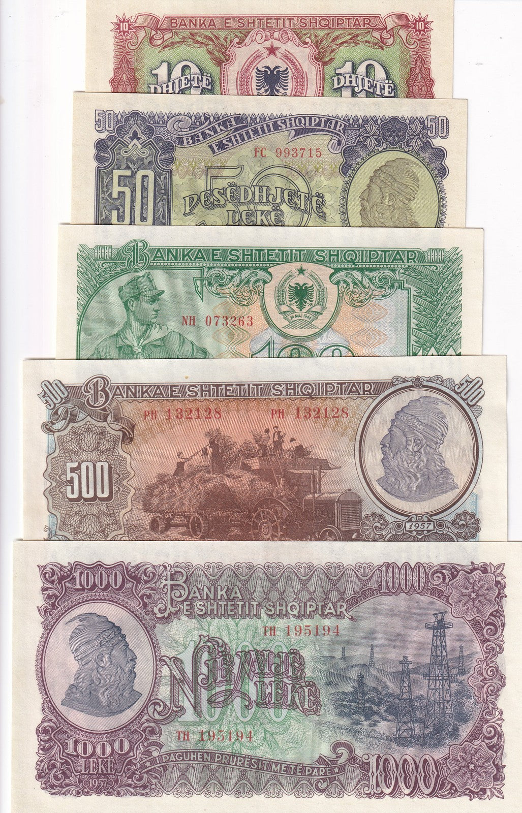 Albania Set 5 UNC 10 50 100 500 1000 Leke 1957 P 28 29 30 31 32