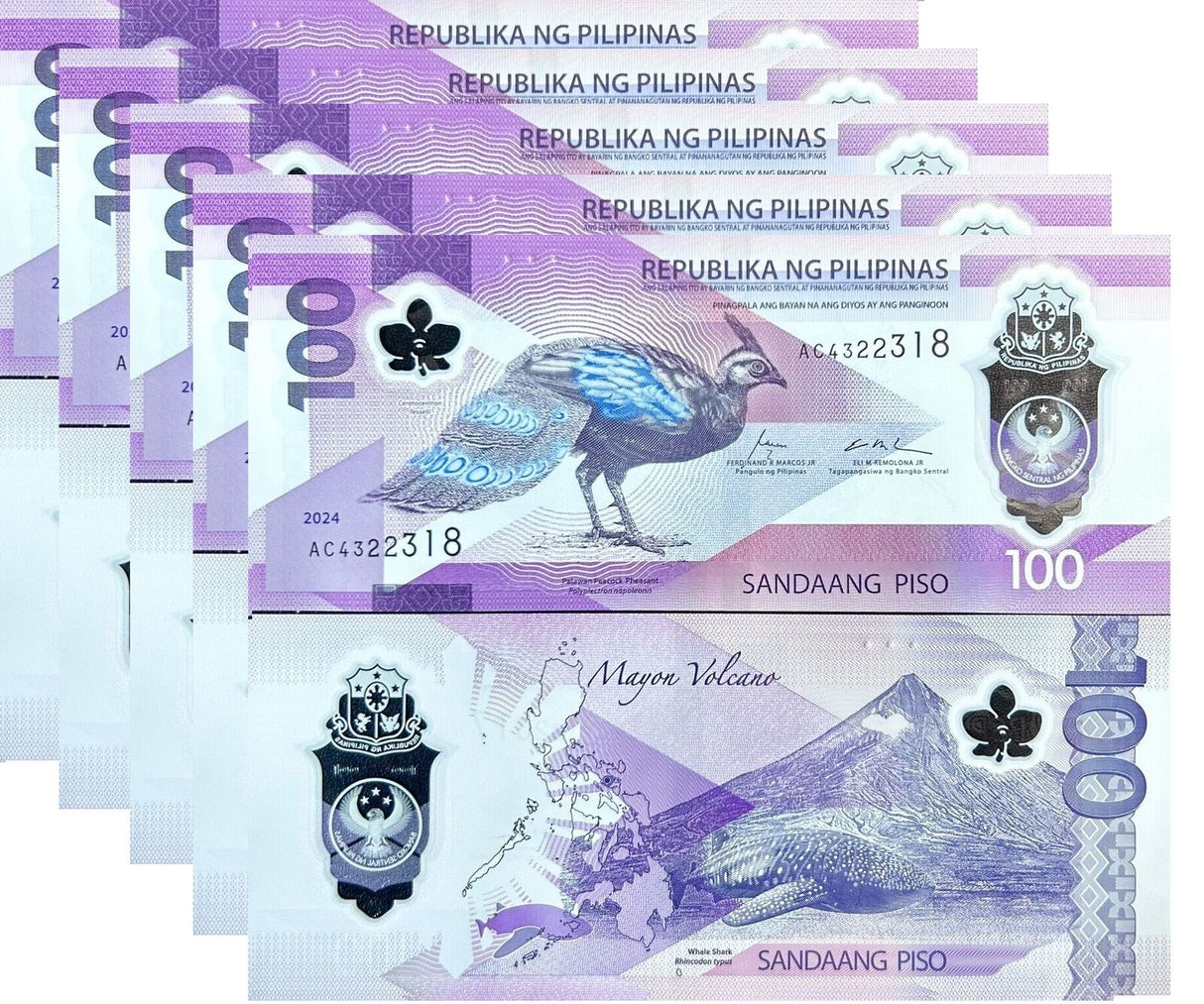 Philippines 100 Piso 2025/2024 Peacock Whale Polymer P NEW LOT 5 UNC