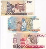 Brazil Set 3 UNC 1 5 10 C.N on 1000 5000 1000 Cruzados ND 1989 P 216 217 218