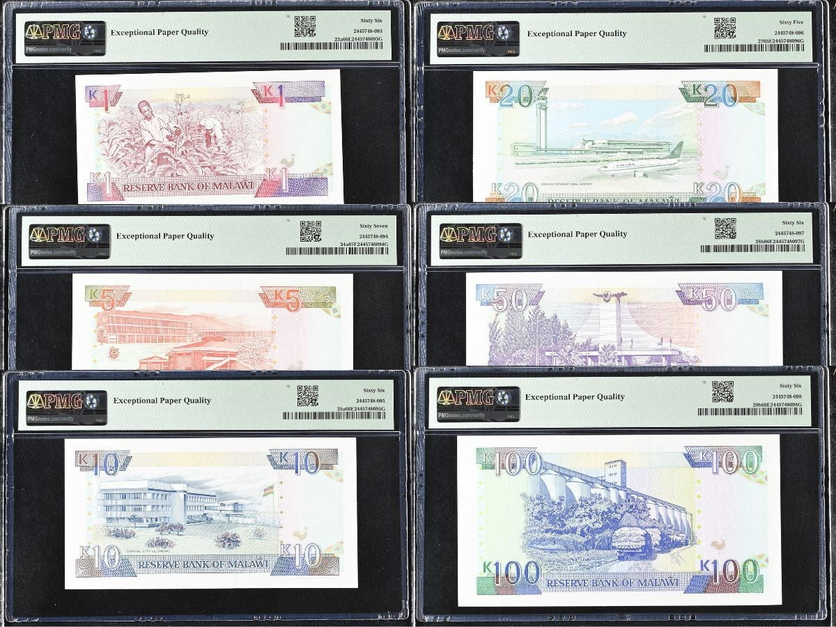 Malawi SET 6 1 5 10 20 50 100 Kwacha 1990-1994 P 23 -28 29 Gem UNC PMG 66 67 EPQ