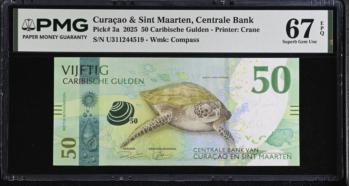 CURACAO & SINT MAARTEN 50 Gulden 2025 P 3 a Superb Gem UNC PMG 67 EPQ