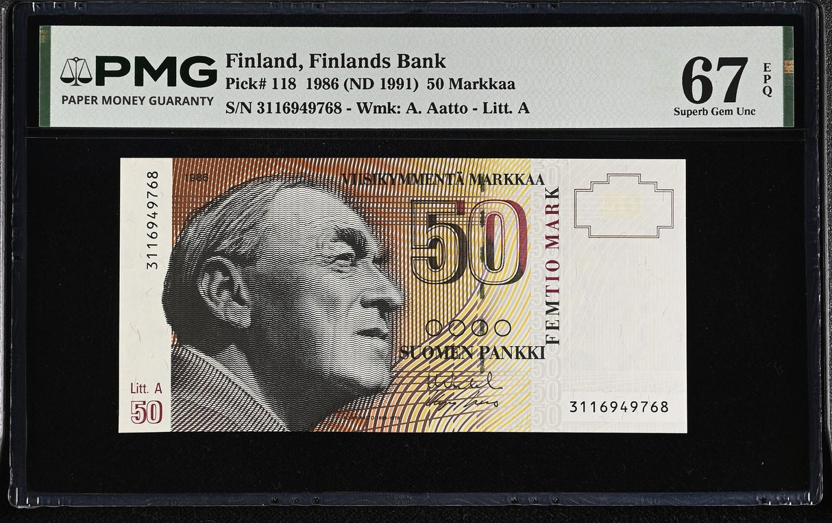 Finland 50 Markkaa 1986 ND 1991 P 118 Superb Gem UNC PMG 67 EPQ