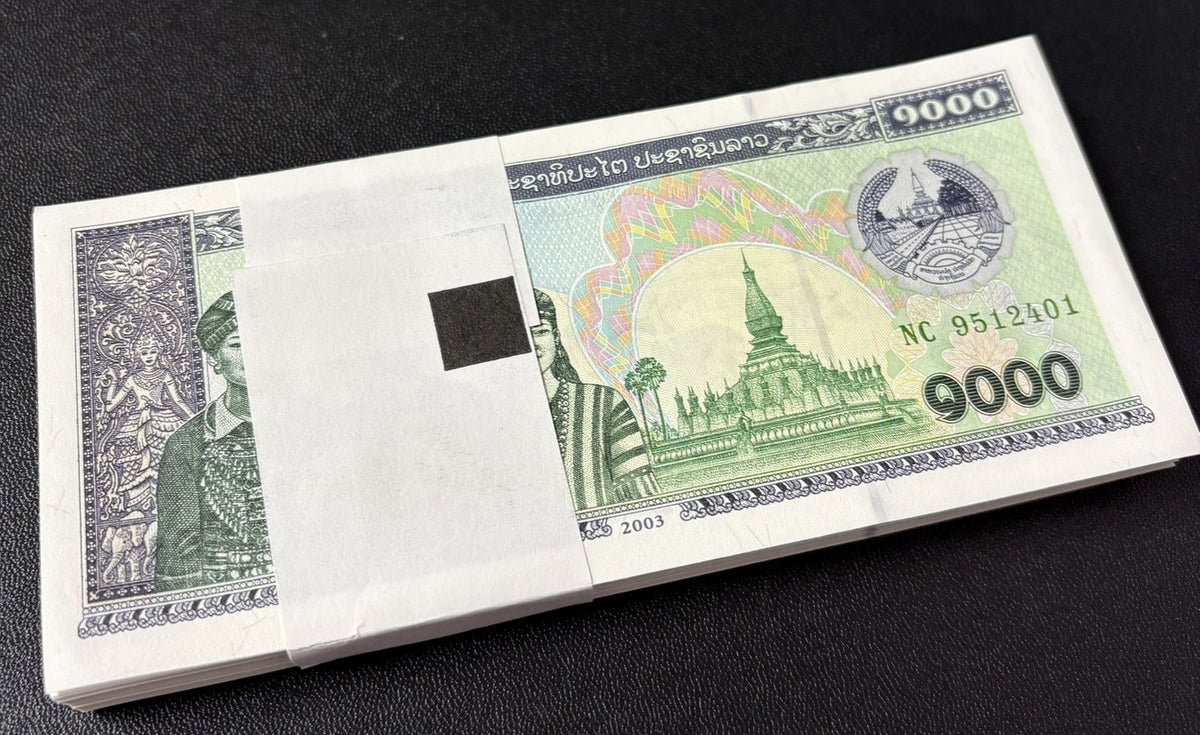Laos 1000 Kip 2003 P 32Ab UNC LOT 100 PCS, 1 Bundle, Omen Pha That Luang pagoda