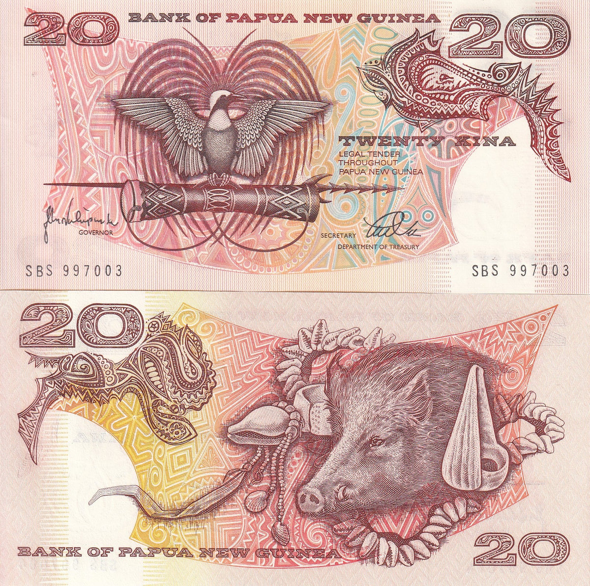 Papua New Guinea 20 Kina ND 1998 P 10 c UNC, Bird of Paradise, Boar, conches