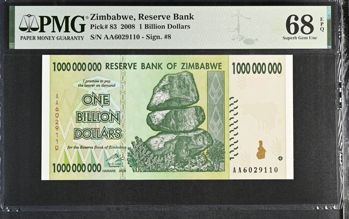 Zimbabwe 1 Billion Dollars 2008 P 83 Superb Gem UNC PMG 68 EPQ