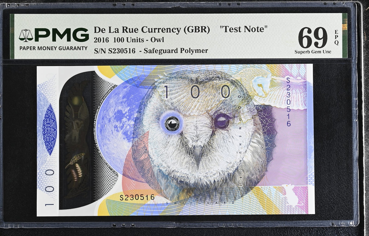 TEST NOTE DE LA RUE TDLR 100 Units 2016 Polymer OWL Superb Gem UNC PMG 69 EPQ