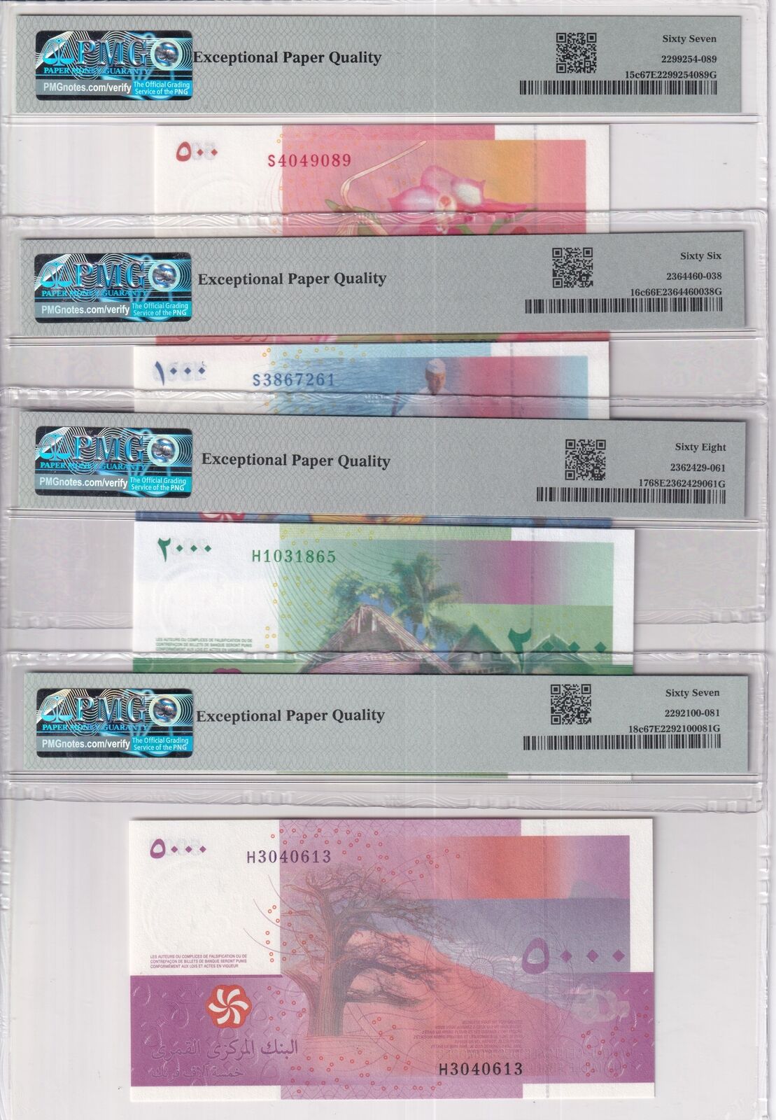 Comoros Set 4; 500-2000 5000 Francs 2006 P15-P18 Superb Gem UNC PMG 66 67 68 EPQ