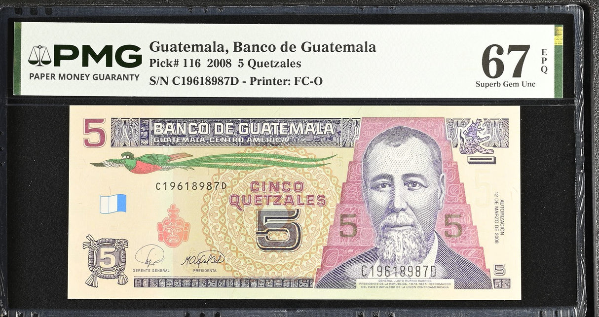 Guatemala 5 Quetzales 2008 P 116 Superb Gem UNC PMG 67 EPQ