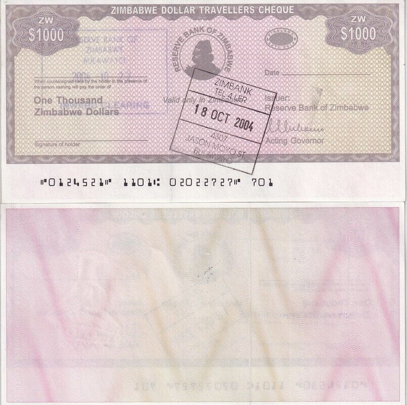Zimbabwe 1000 Dollars Travellers Cheque ND 2003 P 15 UNC