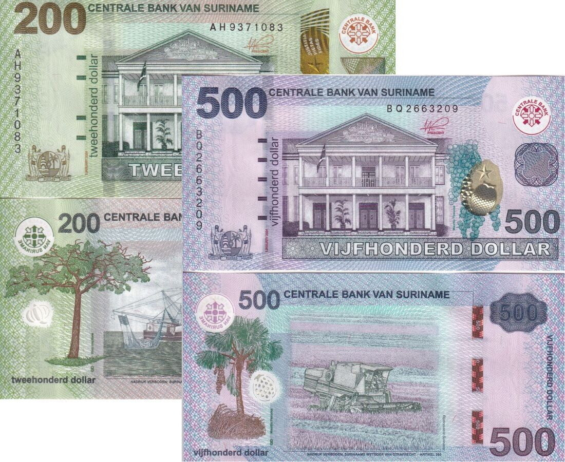 Suriname SET 2 UNC 200 500 Dollars 2024 P 166A 166B , G&D ,Paramaribo