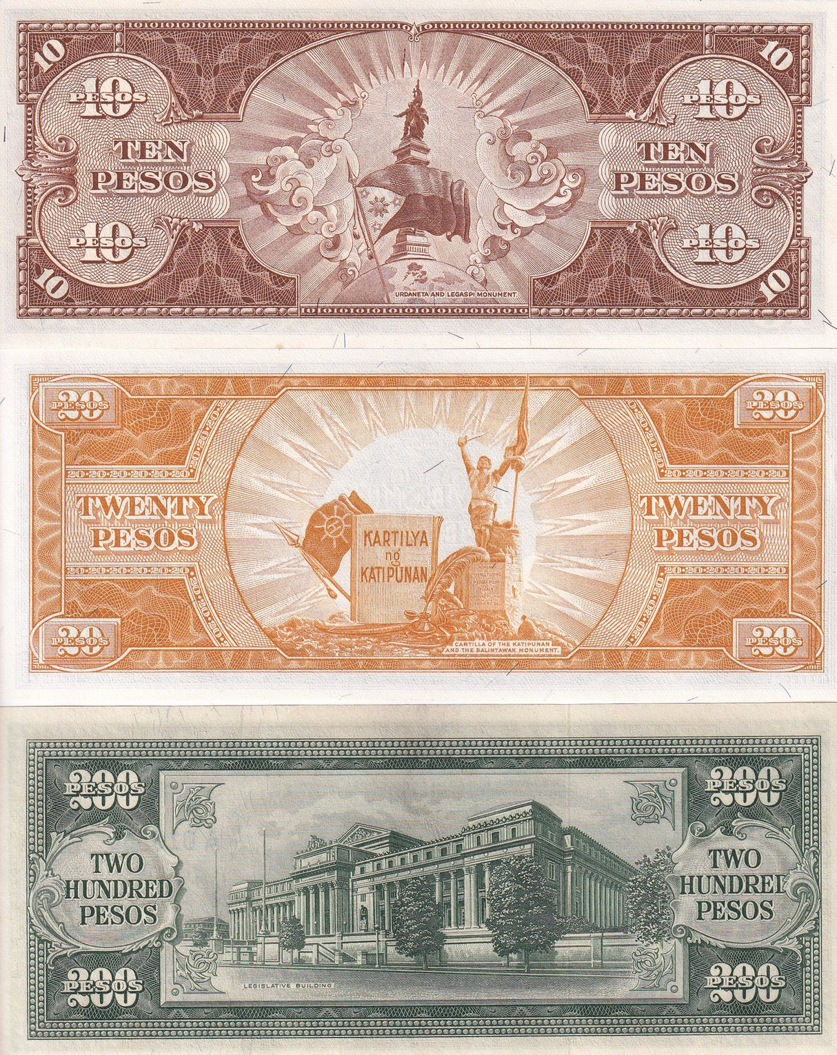 Philippines Set 3 UNC 10 20 200 Pesos ND 1949 P 136 137 140
