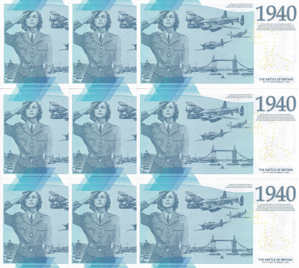 Set 3x LOT 3 = 9 pcs Battle of Britain 1940 Comm.2023 Britannia Pound Test Note