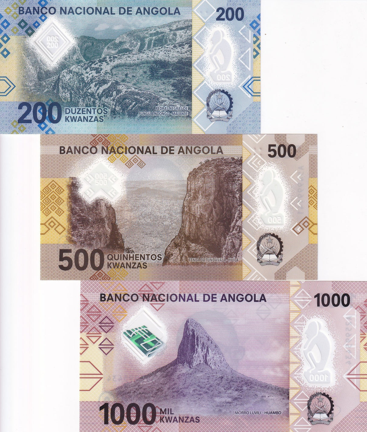 Angola Set 3 Pcs 200 500 1000 Kwanzas Random Year P 160 161 162 Polymer UNC