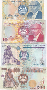 Lesotho Set 4 Pcs 5 10 50 200 Maloti P 10 11 17 20 UNC
