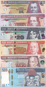 Guatemala Set 6 UNC 5 10 20 50 100 200 Quetzales New Date P 122A 123A 124 - 127
