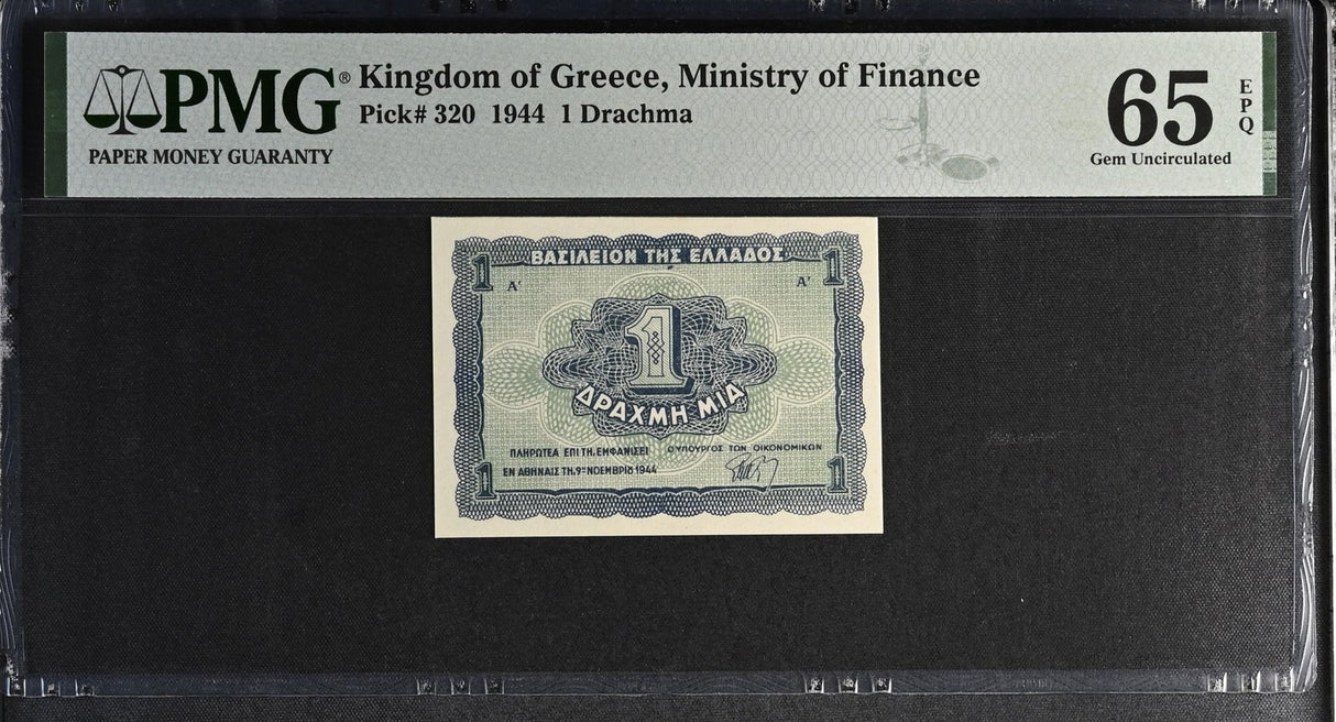 Greece 1 Drachma 1944 P 320 Gem UNC PMG 65 EPQ