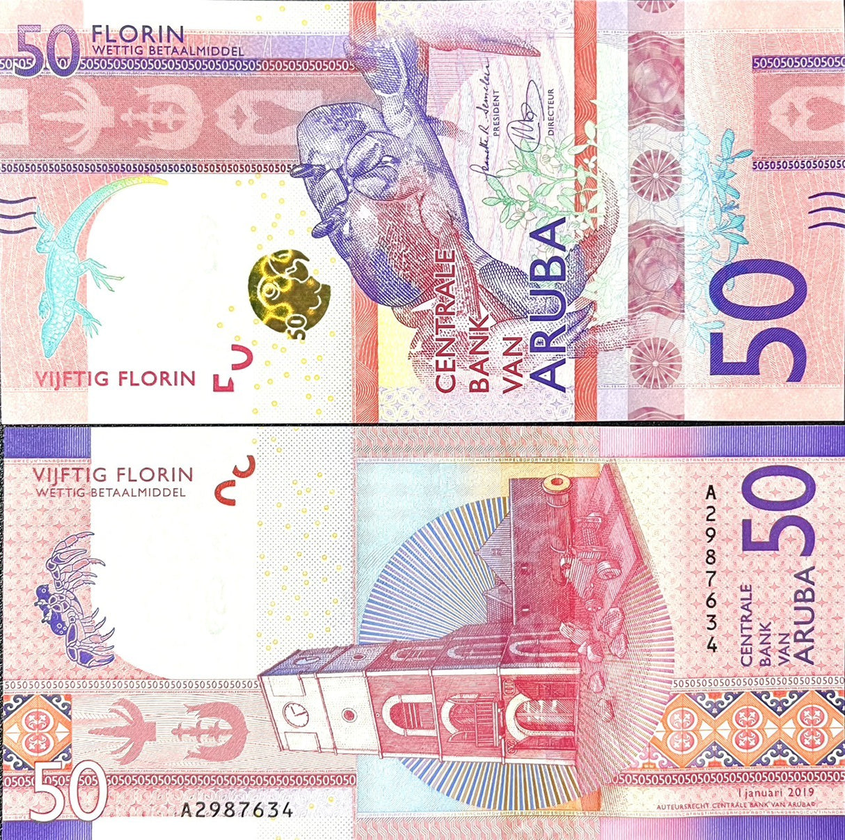 Aruba 50 Florin 2019 P 23 a UNC ,Willem III Tower, Fort Zoutman Oranjestad Crab