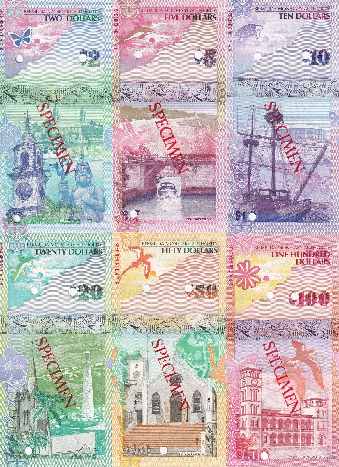 Bermuda set 6 UNC 2 5 10 20 50 100 Dollars 2009 P 57 58 59 60 61 62 SPECIMEN