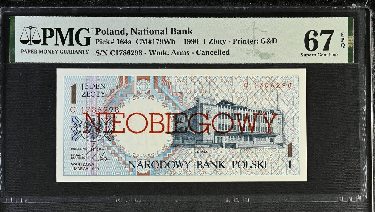 Poland 1 Zlotych 1990 P 164 a Cancelled Superb Gem UNC PMG 67 EPQ