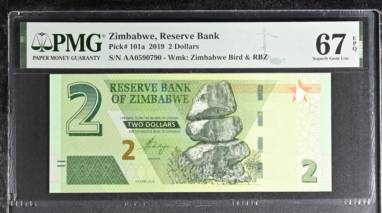 Zimbabwe 2 dollars 2019 P 101 a Superb Gem UNC PMG 67 EPQ