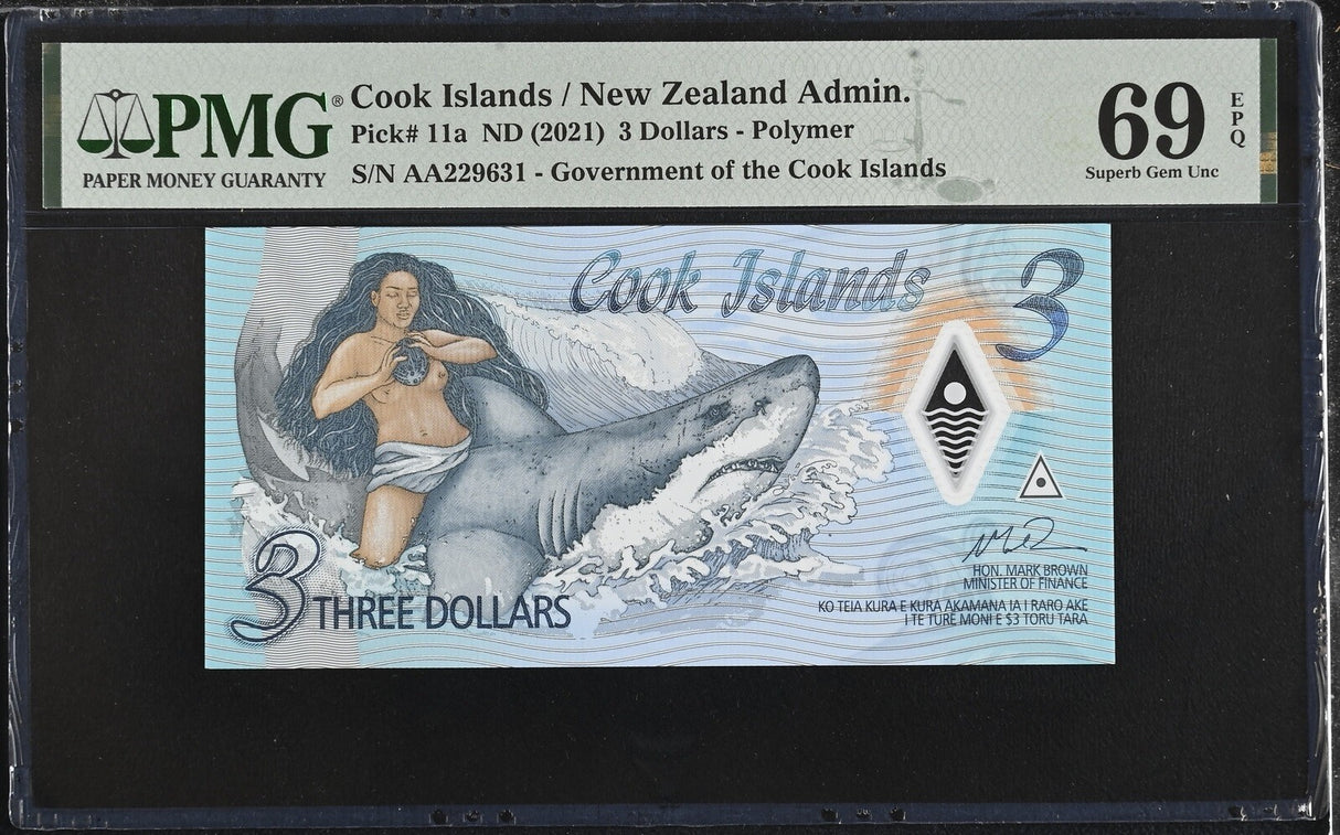 Cook Islands 3 Dollars ND 2021 P 11 a Polymer Superb Gem UNC PMG 69 EPQ