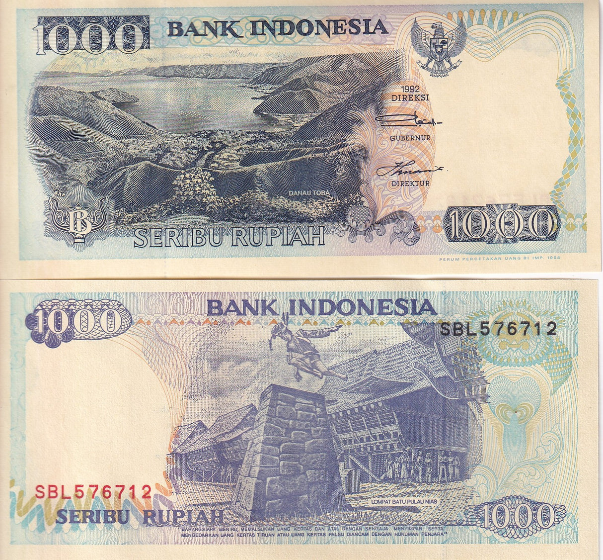 Indonesia 1000 Rupiah 1992/Random Year P 129 g UNC